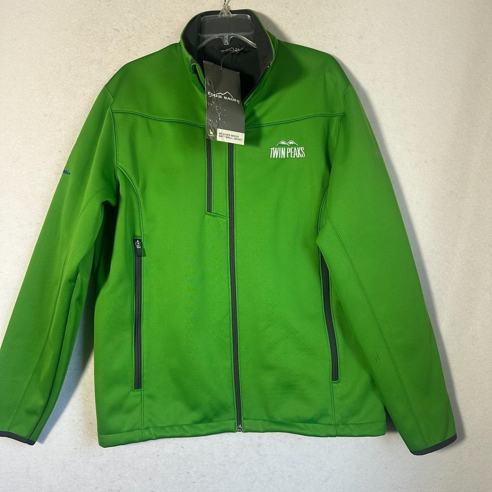 Eddie‎ Bauer jacket sz L Weather Resist Softshell green TWIN PEAKS company logo